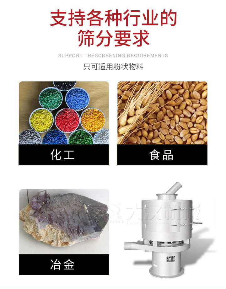 氣流篩用于礦粉，石墨粉，活性納米碳酸鈣，鋁灰，大豆粉，碳酸重鈣，石墨粉，木粉，干草，重金石粉，藥粉末，橡膠顆粒，草酸鹽，干料粉，木粉，聚酯粉，干粉，塑料，金屬粉末，橡膠粉，粉煤灰，石墨粉，陶瓷粉，鋅粉，石英粉，石灰粉，鐵粉，金屬硅粉等。